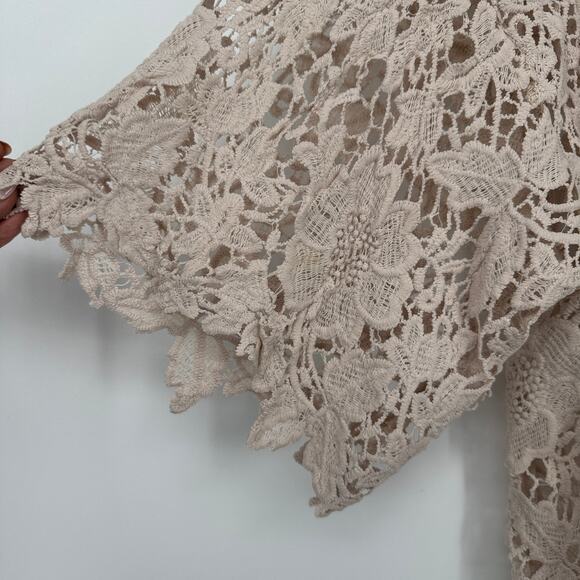 RnB Beige Floral Crochet Women's L Lace Open Front Cardigan Lace Kimono - Picture 4 of 7